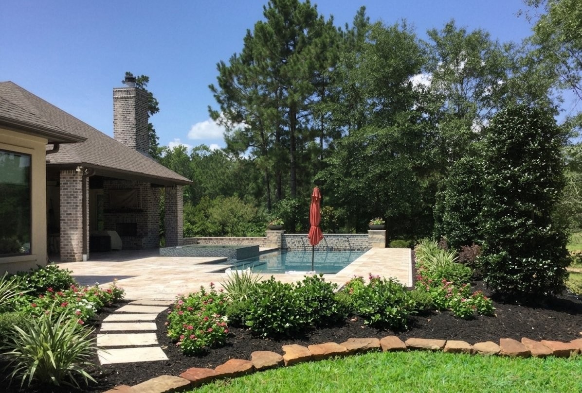 Landscaping in The Woodlands TX — mature trees stepping stones and pool area — New Yards Landscaping