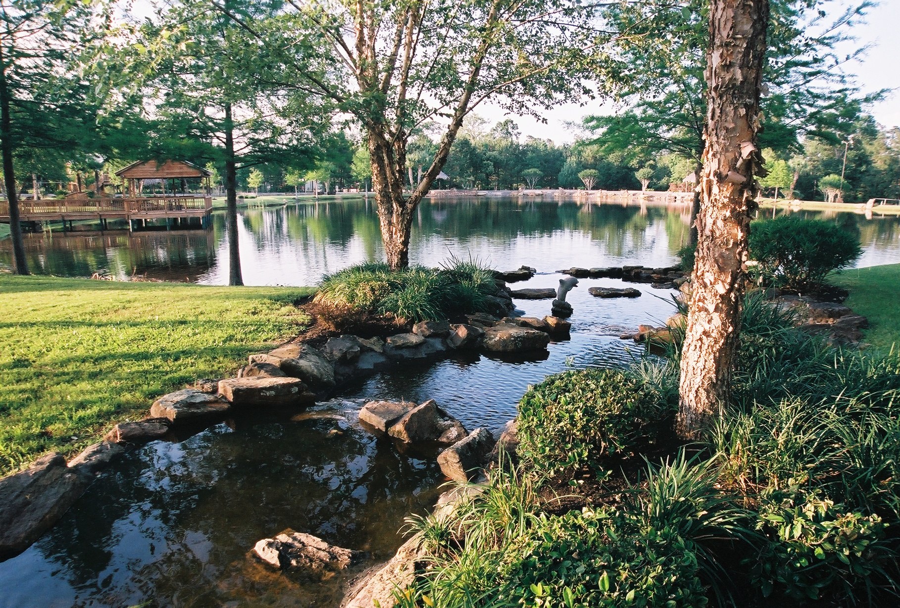 Castle Estate — waterfall installation with natural stone, Magnolia TX