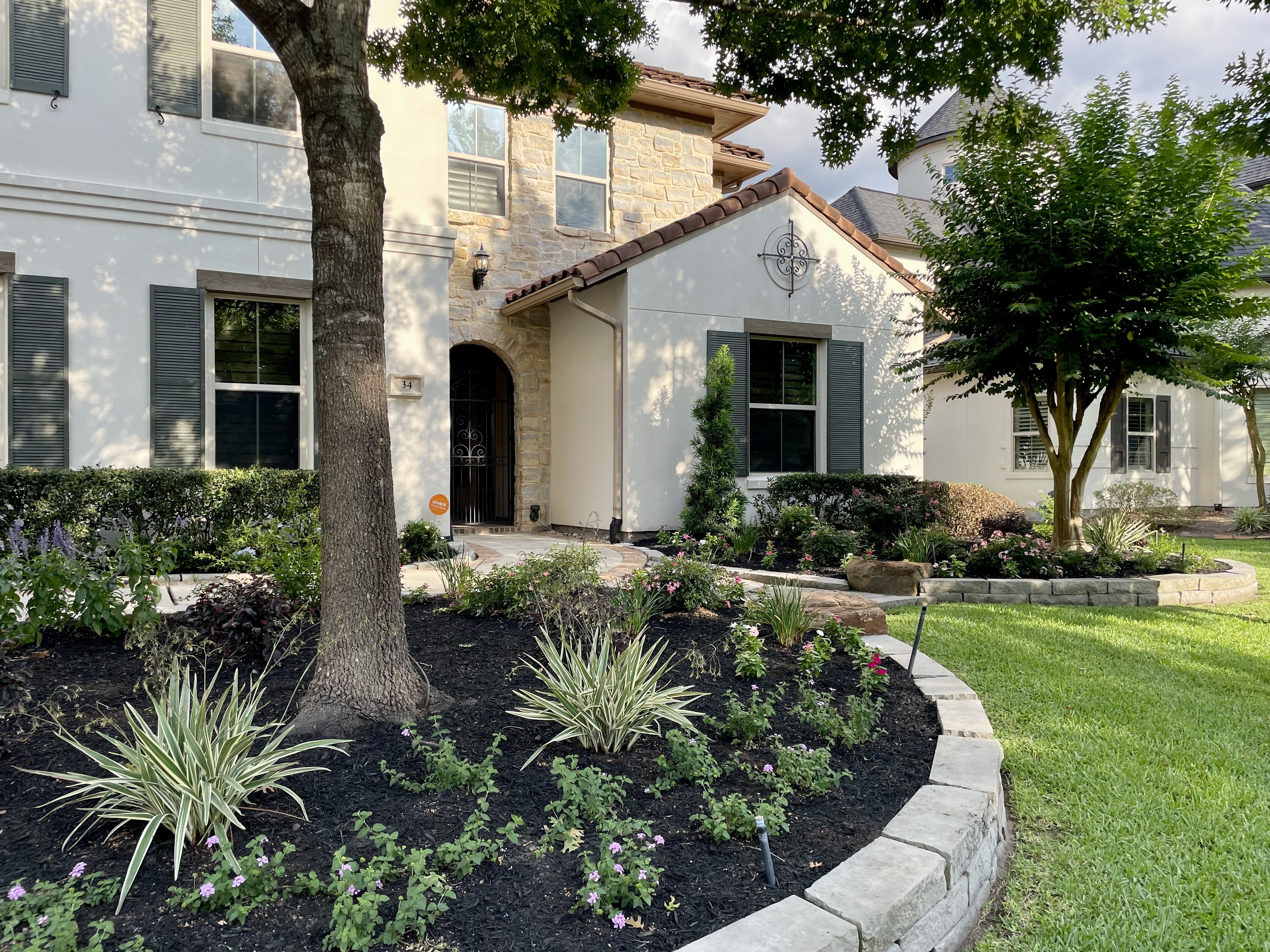 Front yard landscape installation in Creekside, Tomball TX — variegated flax lily, plum delight, purple lantana, drift roses, and seasonal color in curved stone-bordered beds — New Yards Landscaping