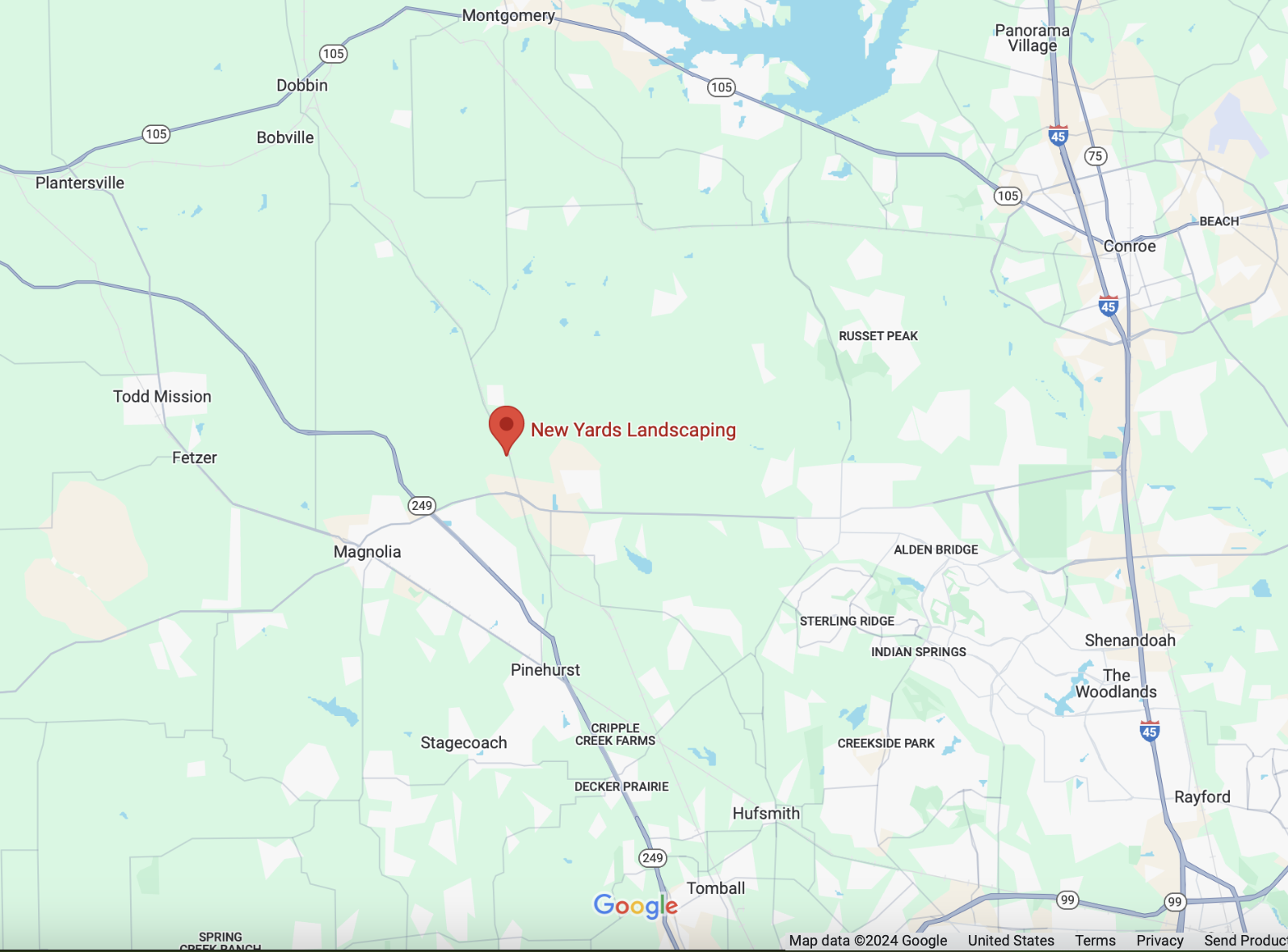 Landscaping service area map — Magnolia, The Woodlands, Tomball, Conroe, Montgomery TX